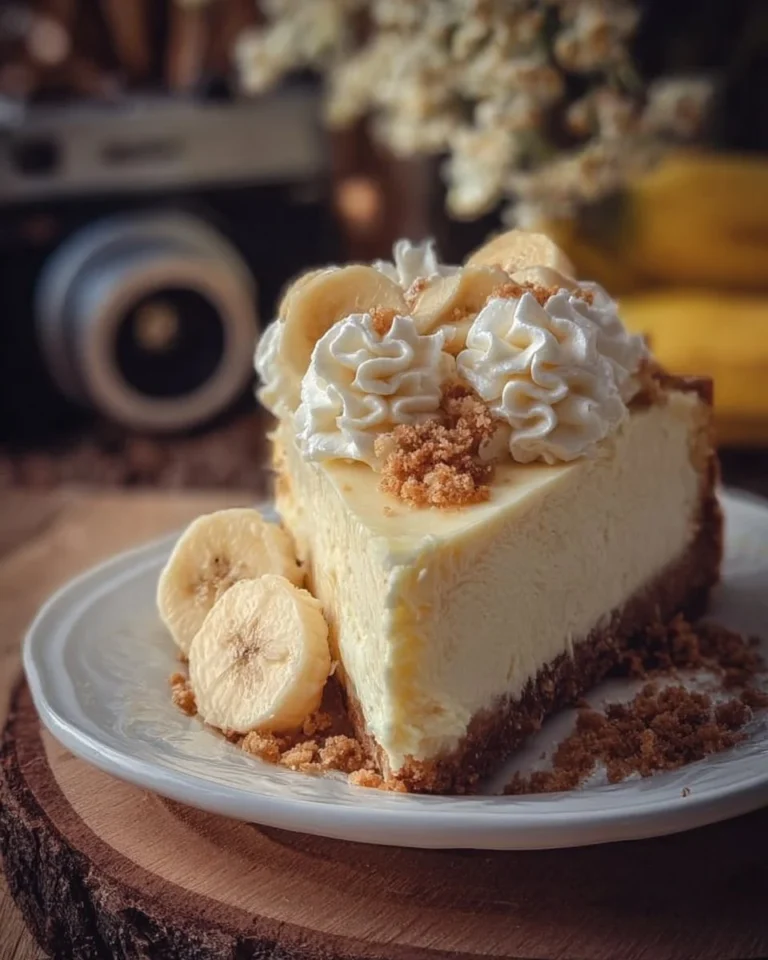 Slice of homemade Banana Cream Cheesecake adorned with fresh bananas and whipped cream.