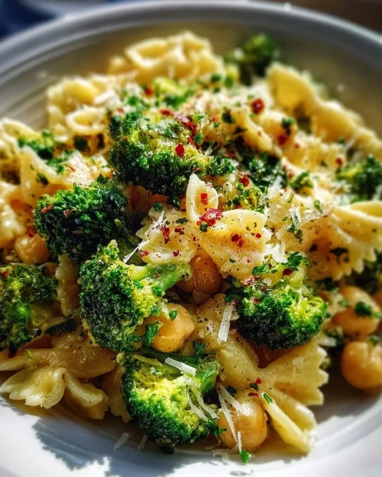 Bowl of Broccoli Chickpea Pasta with Garlic Olive Oil garnished with herbs