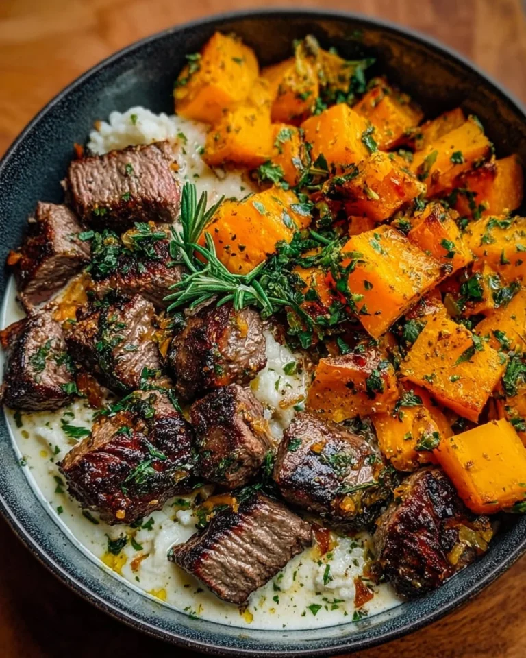 Butternut squash and garlic herb steak bowls garnished with fresh herbs
