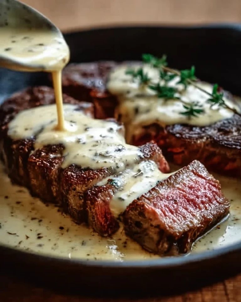 Creamy garlic sauce steak with fresh herbs and spices