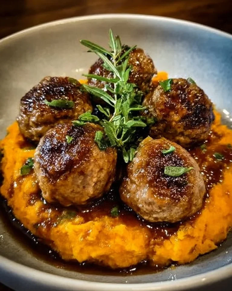 Delicious homemade pork meatballs with sweet potato mash and bourbon-maple sauce