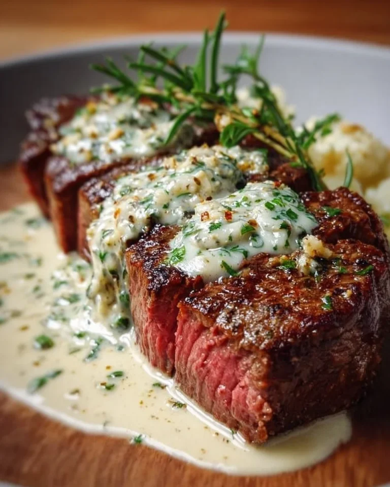 Juicy Garlic Butter Steak served with Parmesan Cream Sauce on a plate.