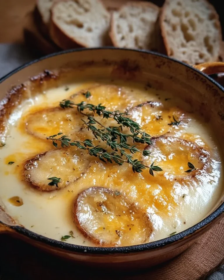 Bowl of homemade French garlic soup garnished with parsley and croutons