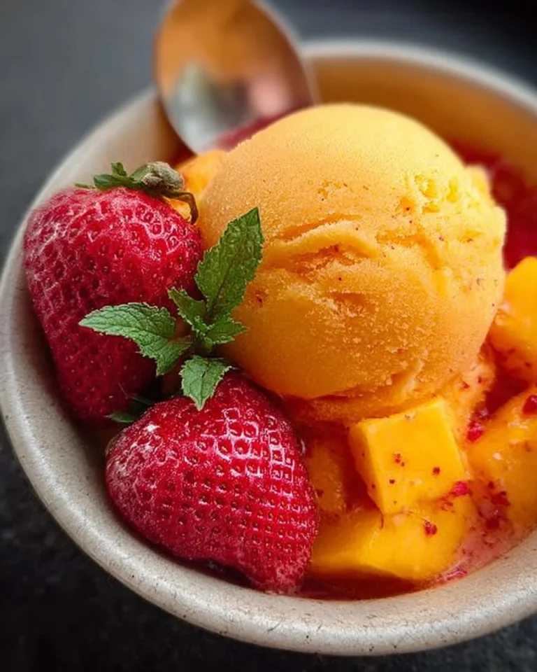 Mango Strawberry Sorbet in a bowl with fresh fruit garnish