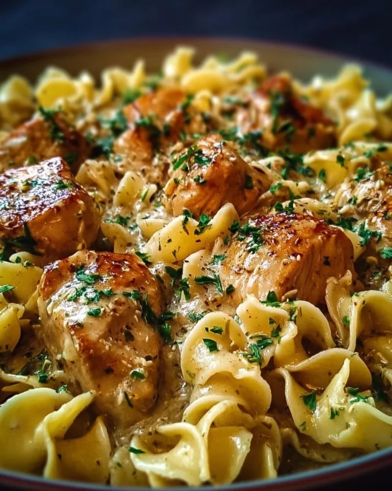 One-Pan Creamy Garlic Butter Chicken served with egg noodles in a skillet.