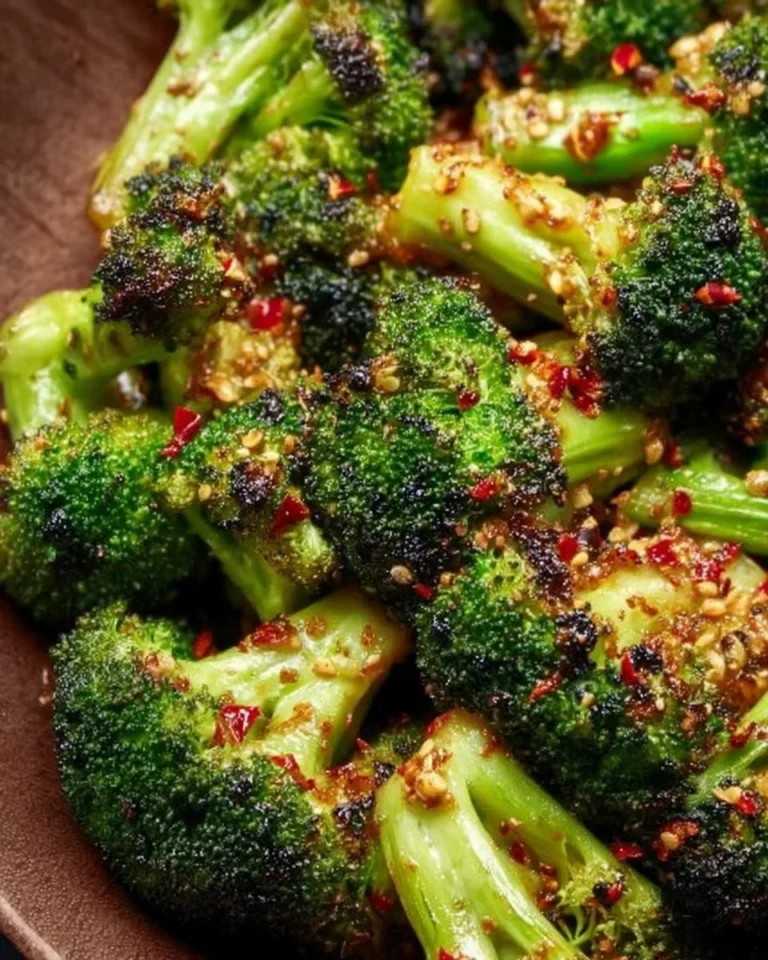 Sweet chili roasted broccoli garnished and ready to be served