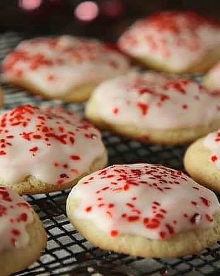 Freshly baked Almond Cherry Cookies with nuts and cherries on a cooling rack.
