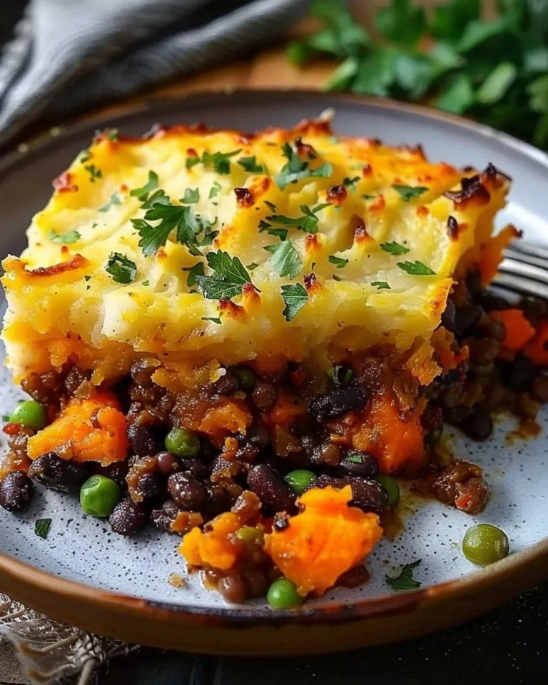 Black Bean and Sweet Potato Shepherd's Pie served in a dish