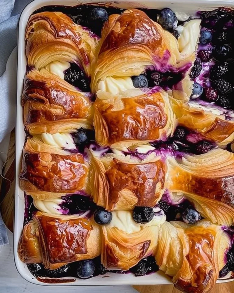 Blueberry cream cheese croissant casserole baked dish on a serving plate.