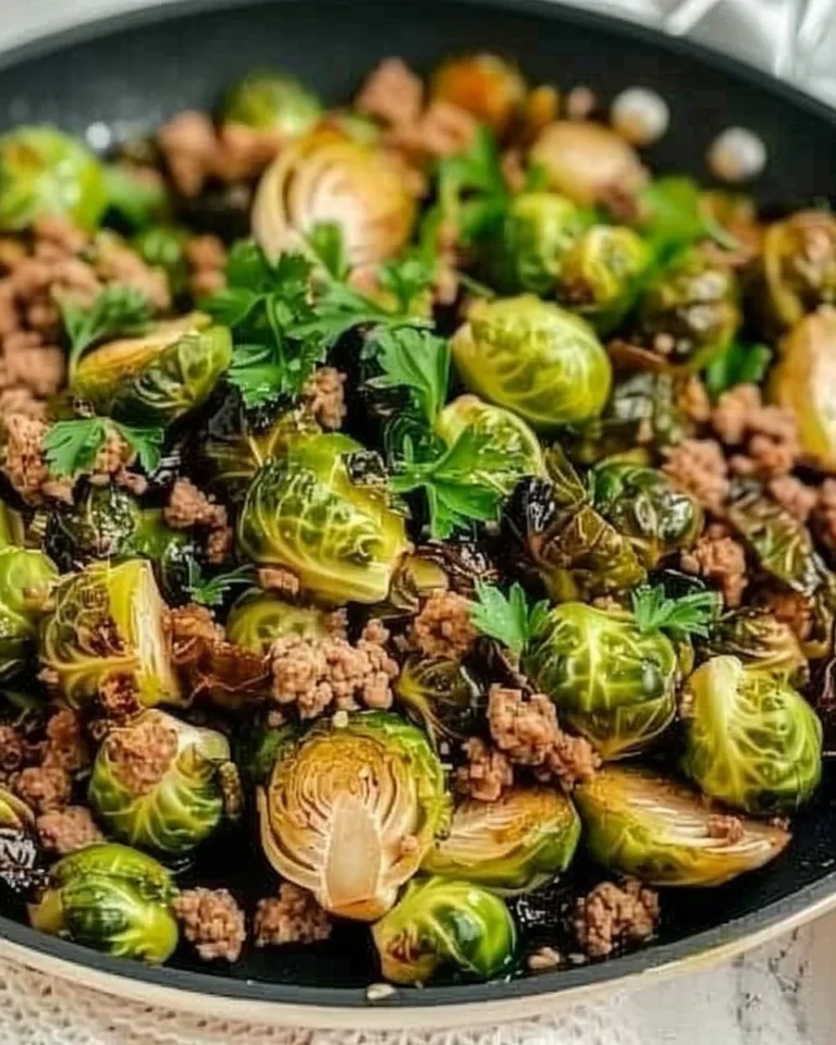 Brussels sprouts and ground turkey skillet served in a pan