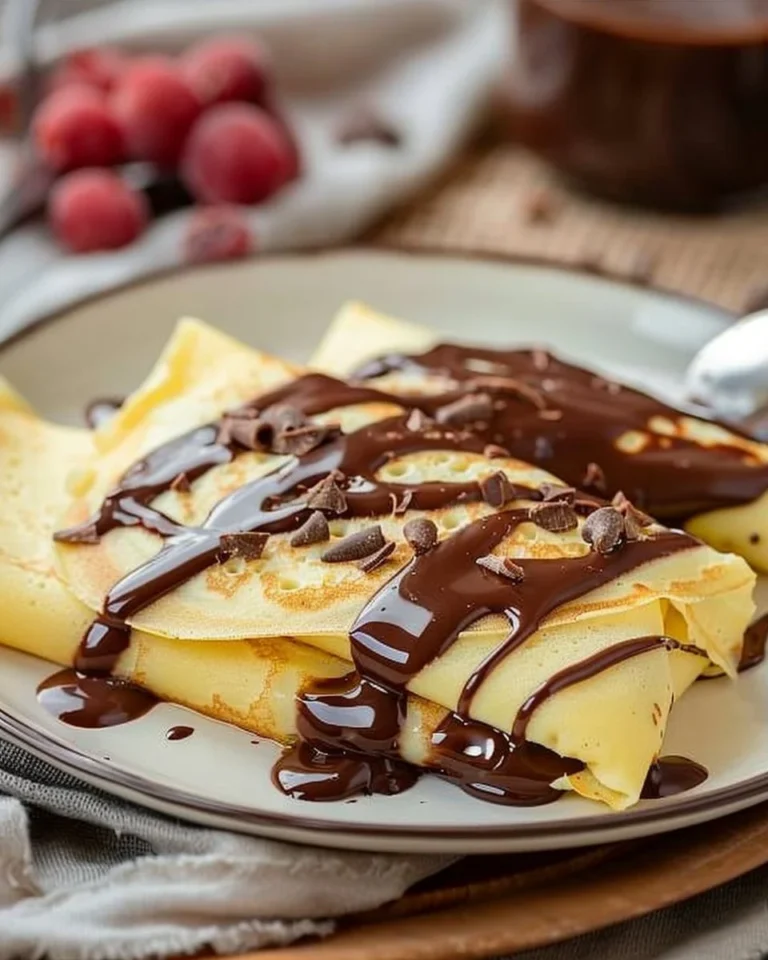 Delicious chocolate ganache crepes drizzled with rich chocolate sauce
