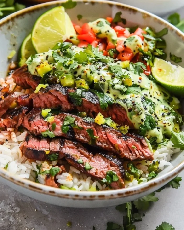 Cilantro lime steak and rice bowl garnished with fresh lime and cilantro