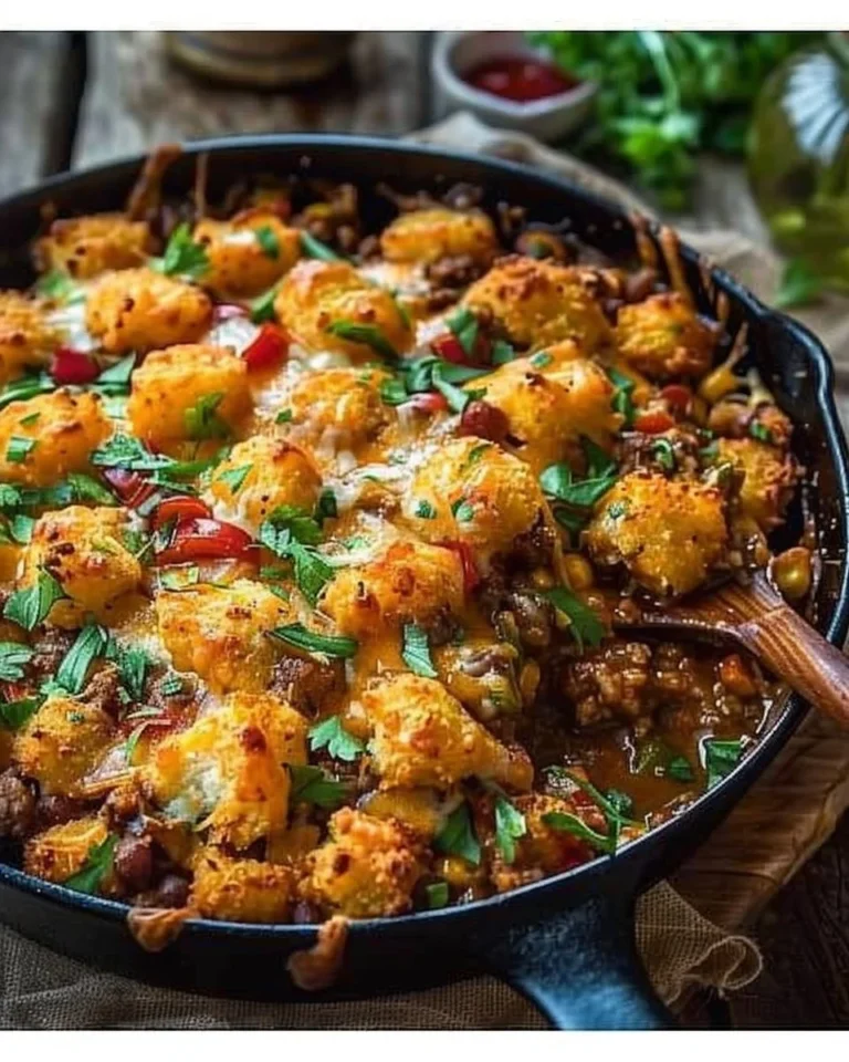 Delicious Cowboy Casserole served in a dish with layers of beef, beans, and cheese.