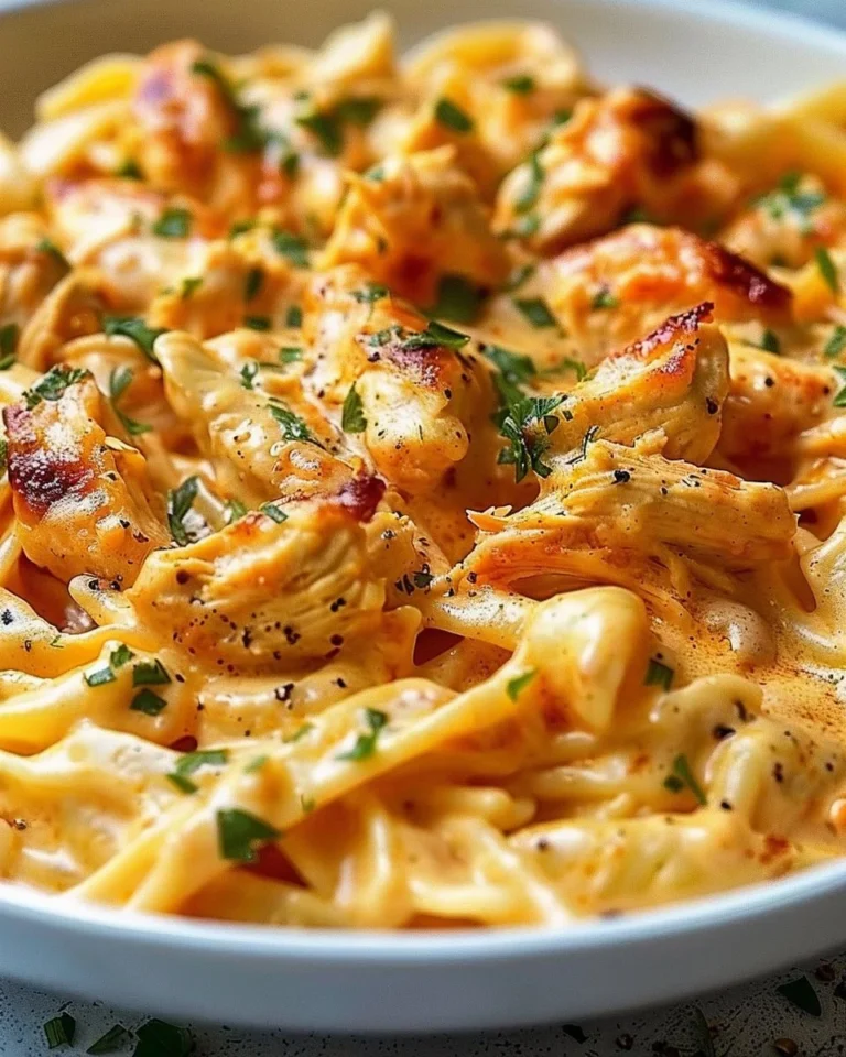 Creamy Buffalo Chicken Pasta with a spicy sauce and garnished with green onions.