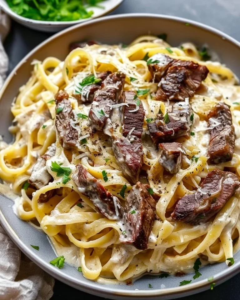 Creamy garlic steak pasta served in a bowl with fresh herbs