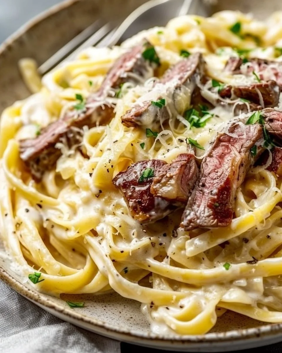 Creamy Garlic Steak Pasta Recipe