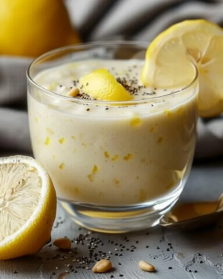 Creamy lemon chia pudding topped with fresh lemon slices and mint leaves