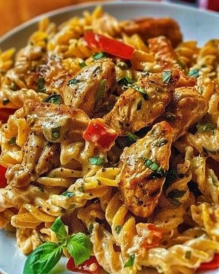 Delicious creamy Rasta Pasta dish topped with jerk chicken and colorful veggies.
