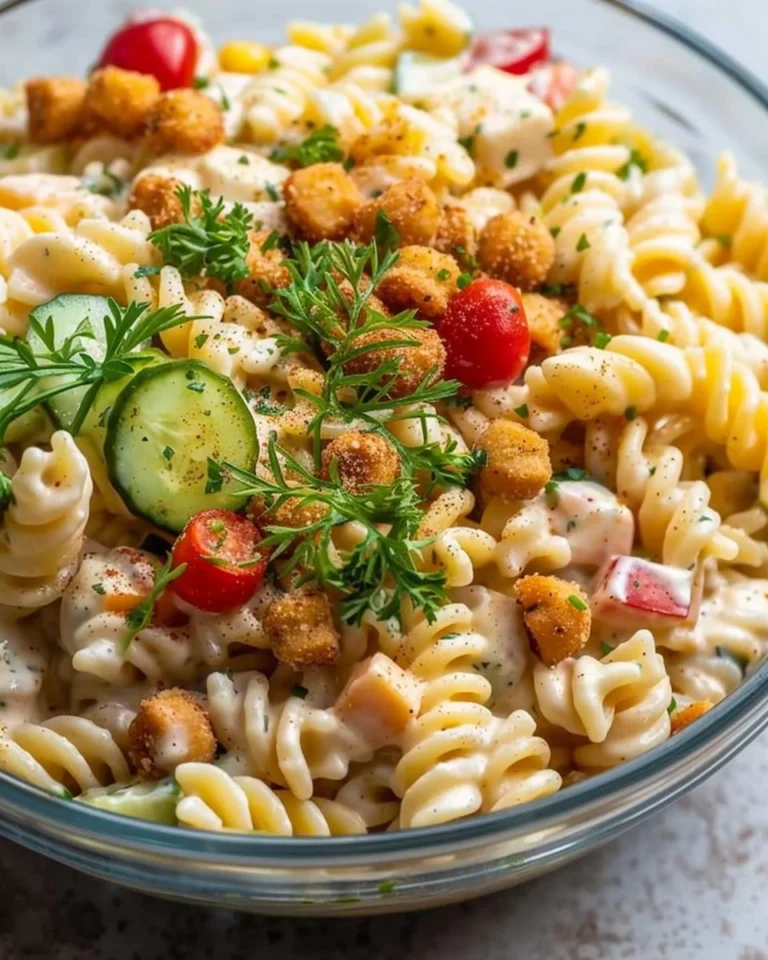Creamy vegan pasta salad with colorful vegetables and herbs
