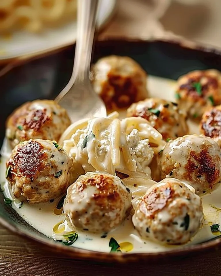 Delicious chicken ricotta meatballs served in rich Alfredo sauce