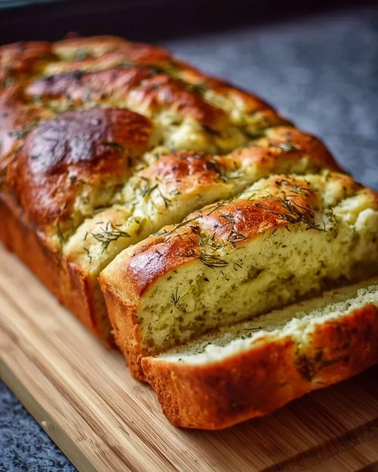 Sliced dill pickle bread on a wooden cutting board
