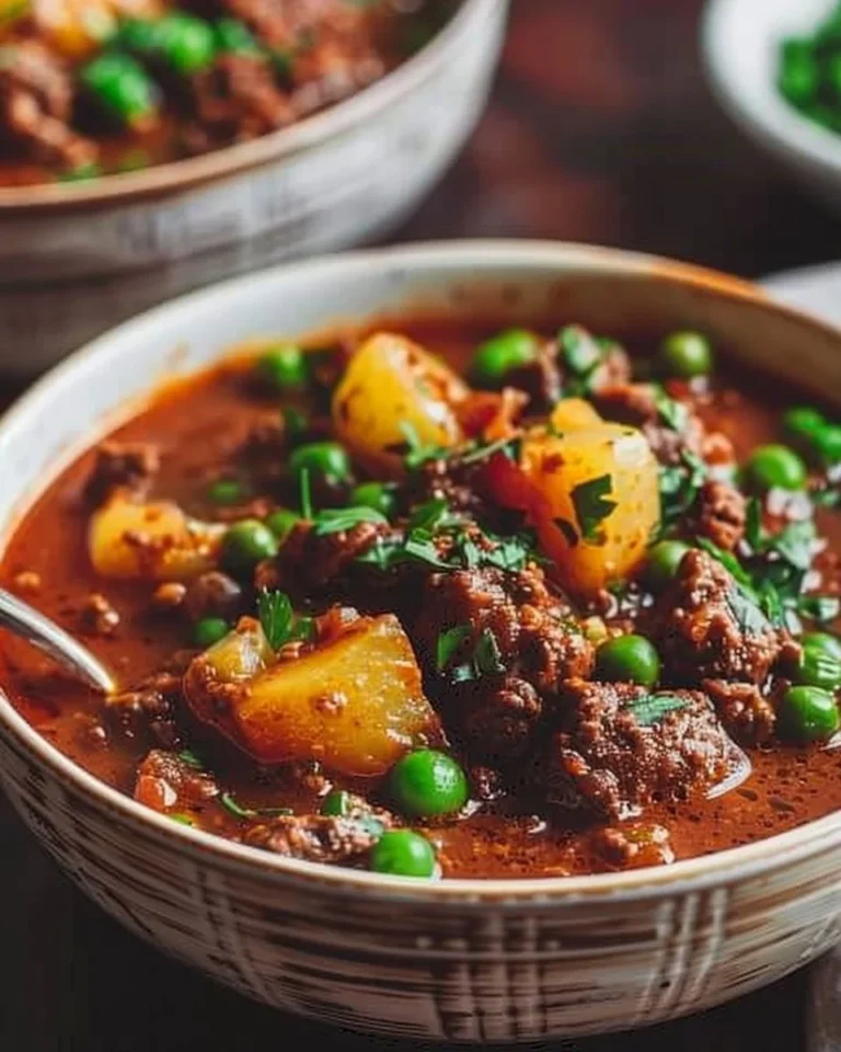 Bowl of easy ground beef stew with vegetables and herbs for a hearty meal.