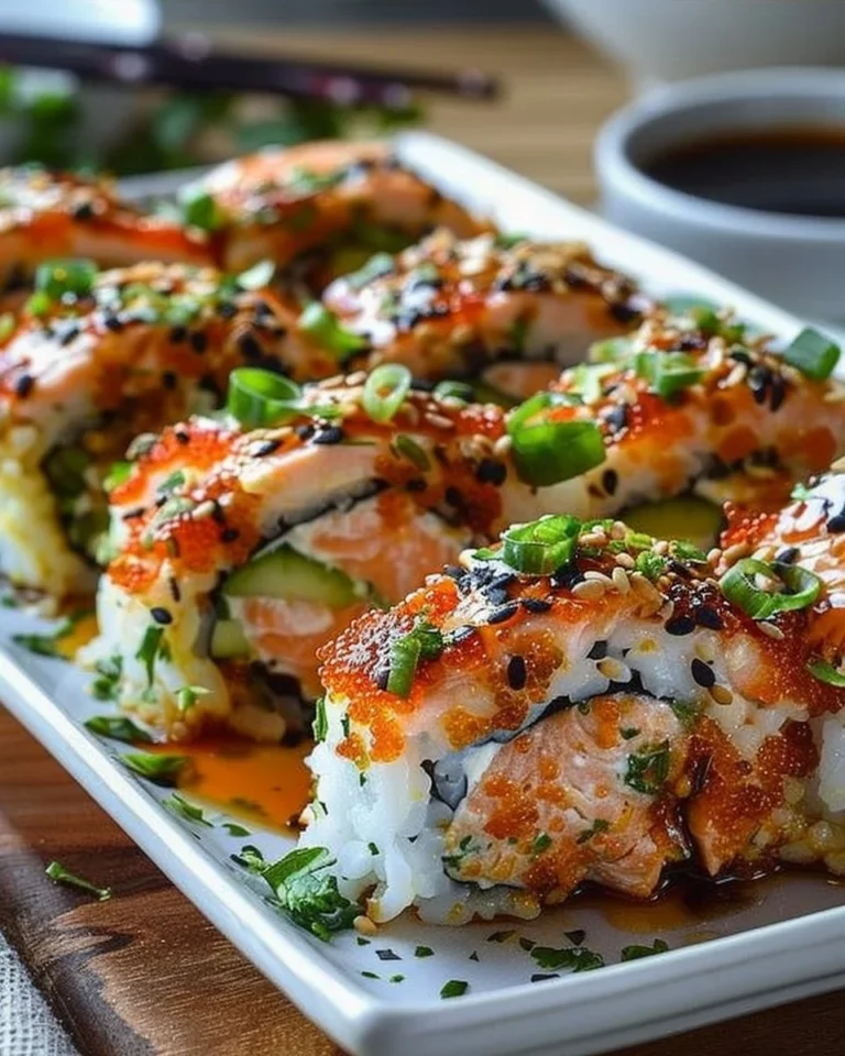 Easy spicy salmon sushi bake served in a dish, showcasing its delicious layers.