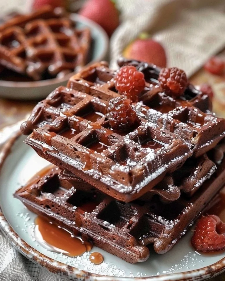 Delicious fudgy brownie waffles topped with chocolate drizzle and whipped cream