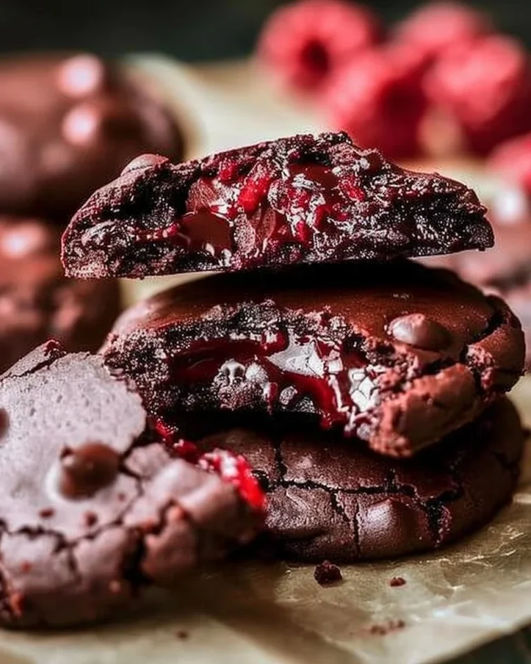 Fudgy chocolate raspberry cookies with a rich chocolate glaze and fresh raspberries.