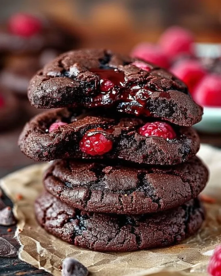 Plate of fudgy chocolate raspberry cookies topped with fresh raspberries.