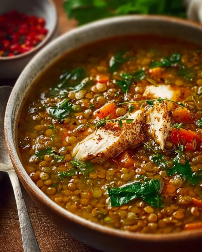Bowl of high protein chicken lentil soup garnished with herbs and spices.