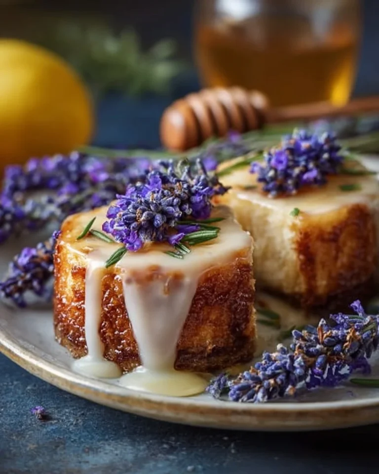 Slices of Honey Lavender Cheesecake garnished with lavender flowers and honey drizzle.
