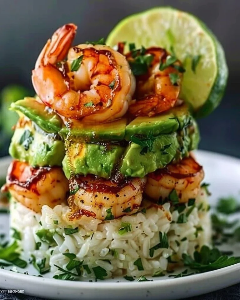 Honey Lime Shrimp and Avocado Rice Stack on a plate
