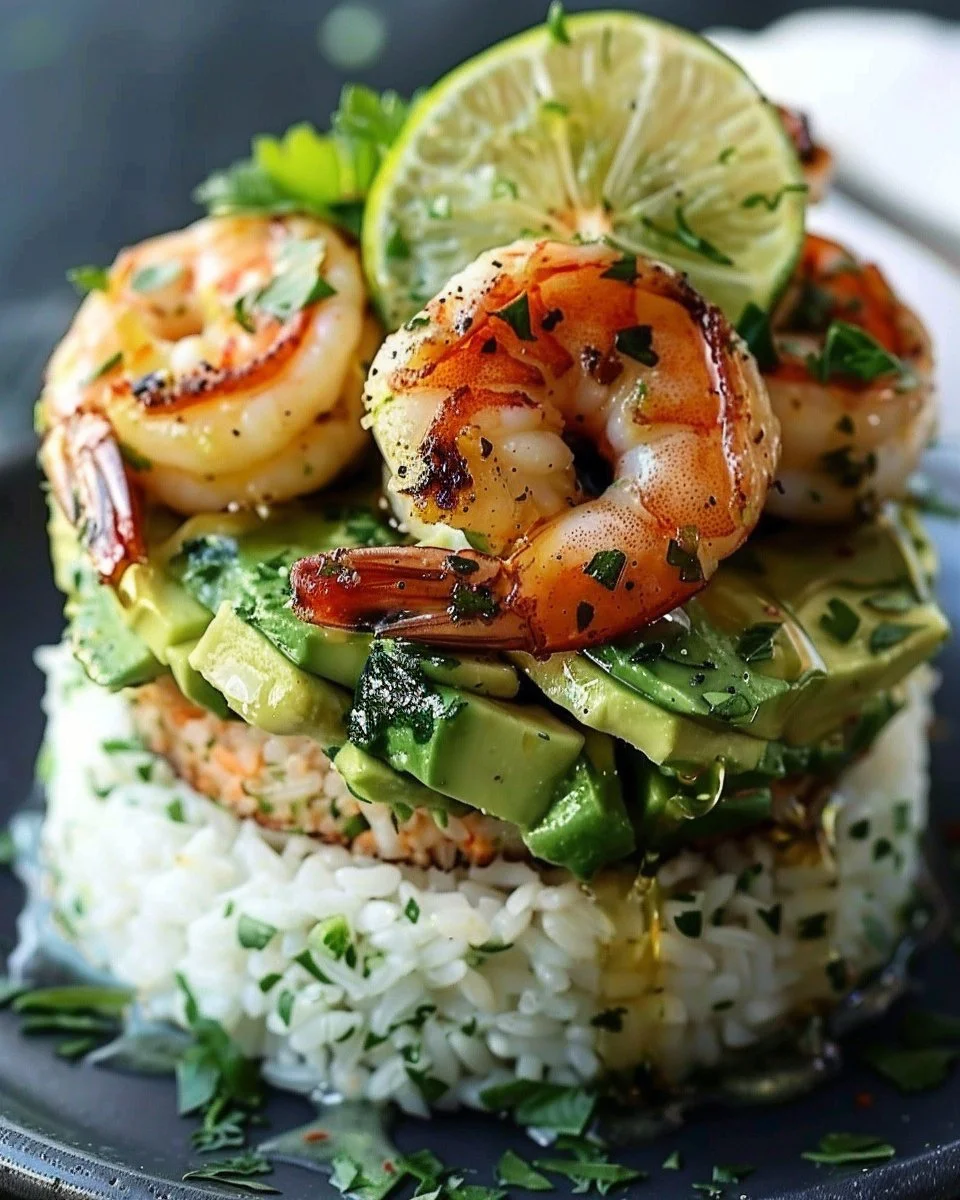 Honey Lime Shrimp & Avocado Rice Stack Recipe