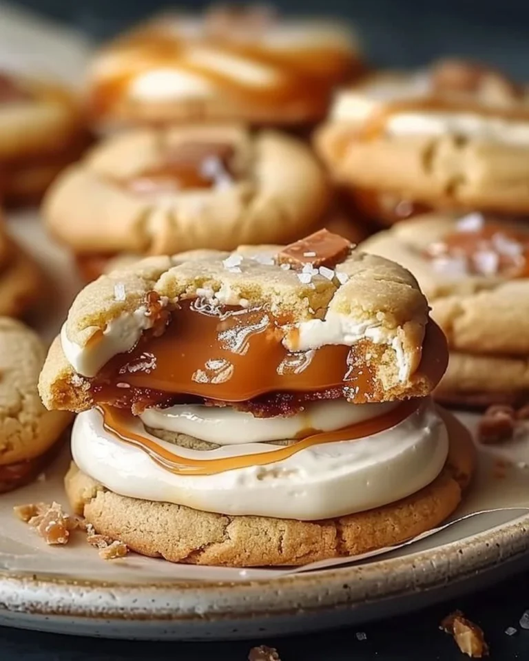 Deliciously baked salted caramel cheesecake cookies with a drizzled topping.