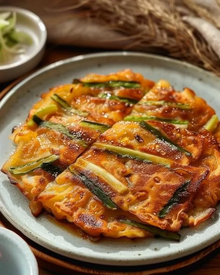 Delicious Korean Pancake served with dipping sauce on a traditional plate