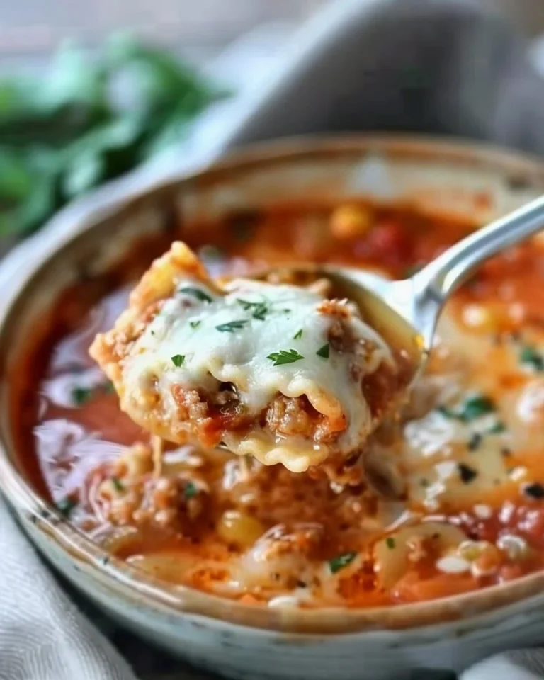 Bowl of hearty Lasagna Soup topped with cheese and herbs