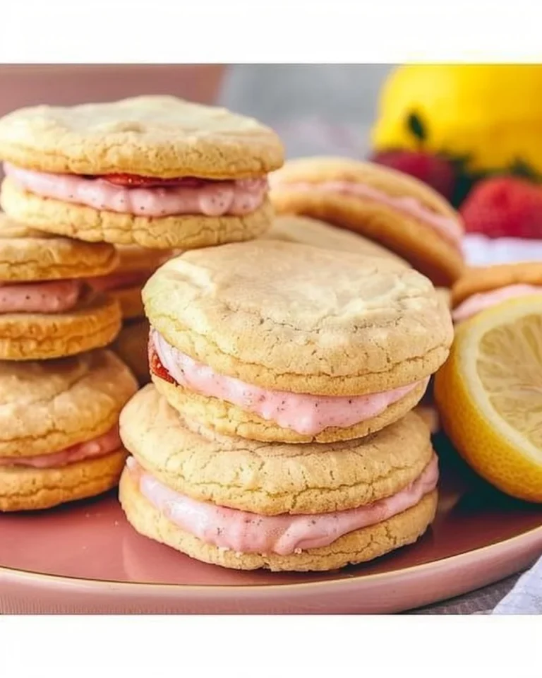 Lemon sandwich cookies with strawberry frosting on a plate