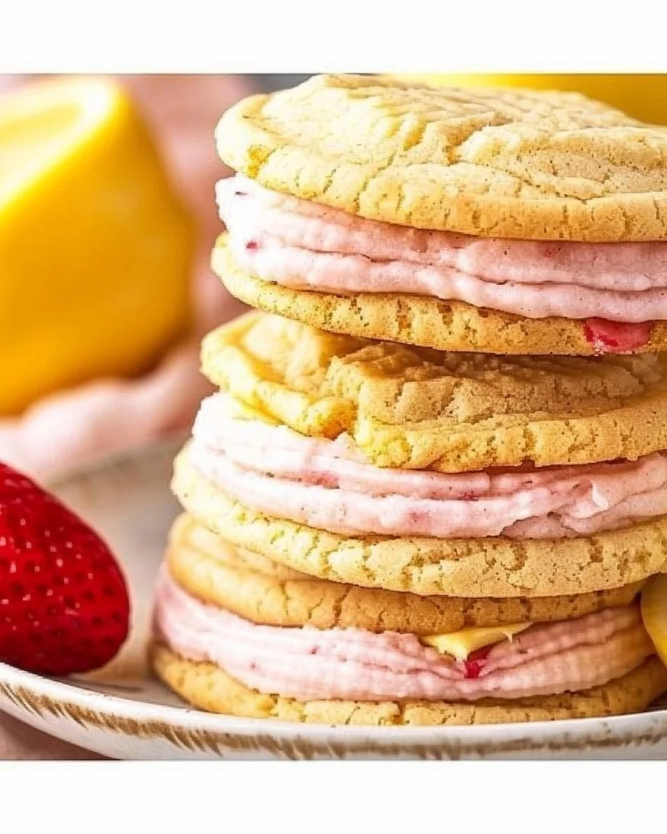 Lemon Sandwich Cookies with Strawberry Frosting