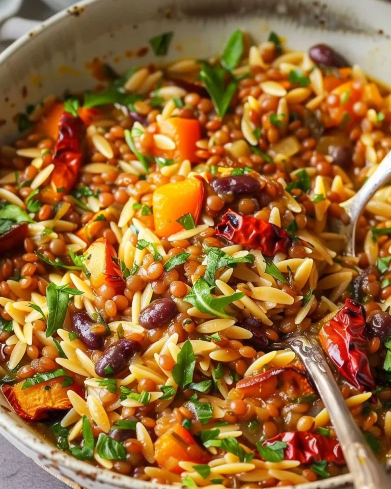 Mediterranean Lentil and Orzo cooked in a one-pot dish, ideal for a quick dinner.