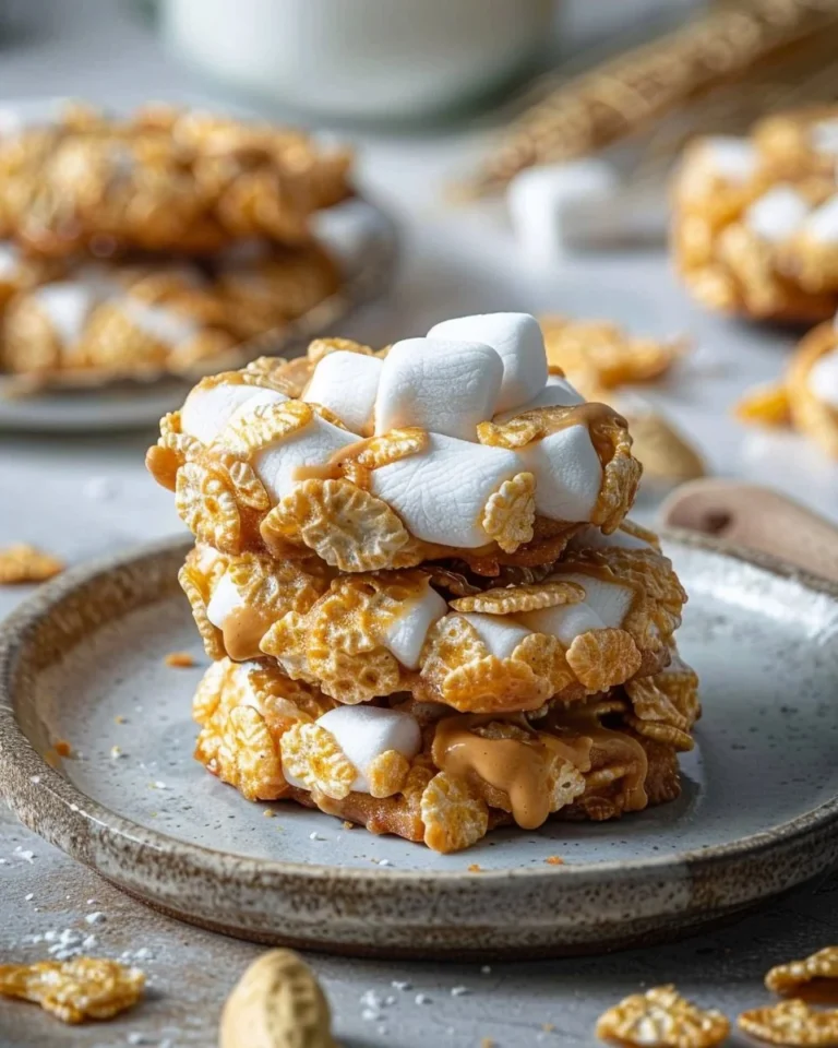 No bake peanut butter cornflake cookies with marshmallows on a plate