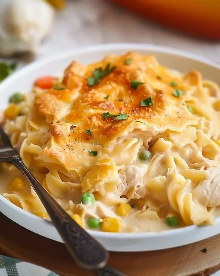 Noodle chicken pot pie casserole served in a dish, topped with golden crust.