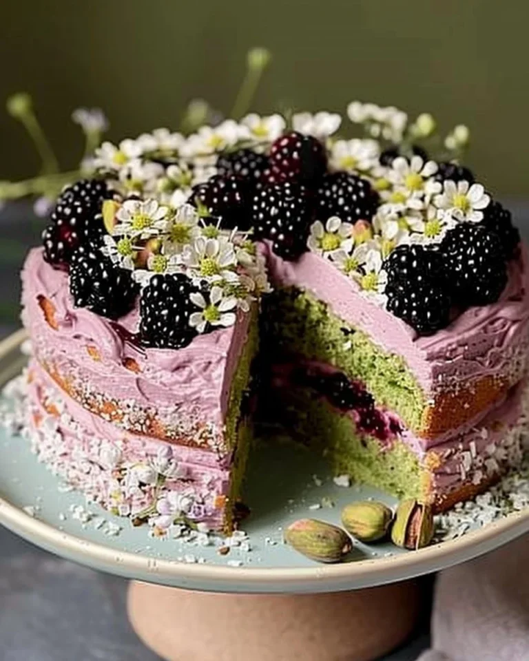 A delicious Pistachio Olive Oil Cake with blackberry thyme buttercream frosting.