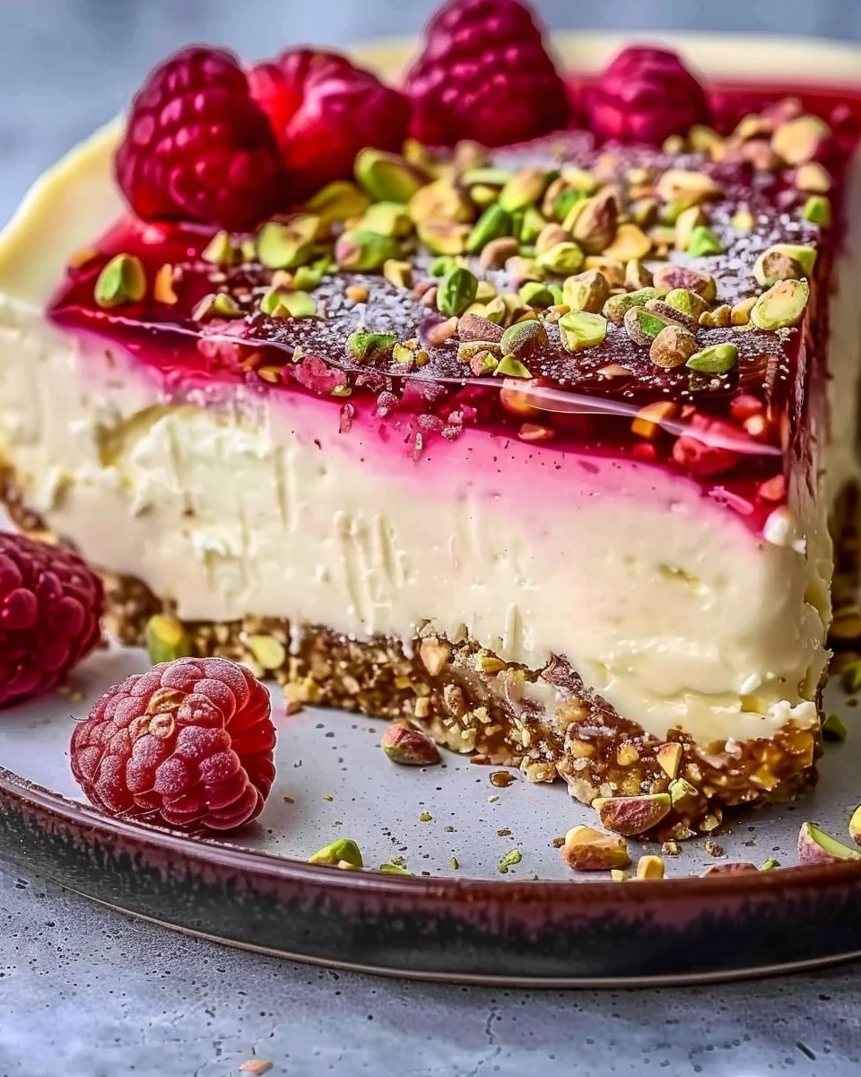 Pistachio Raspberry Crunch Cheesecake