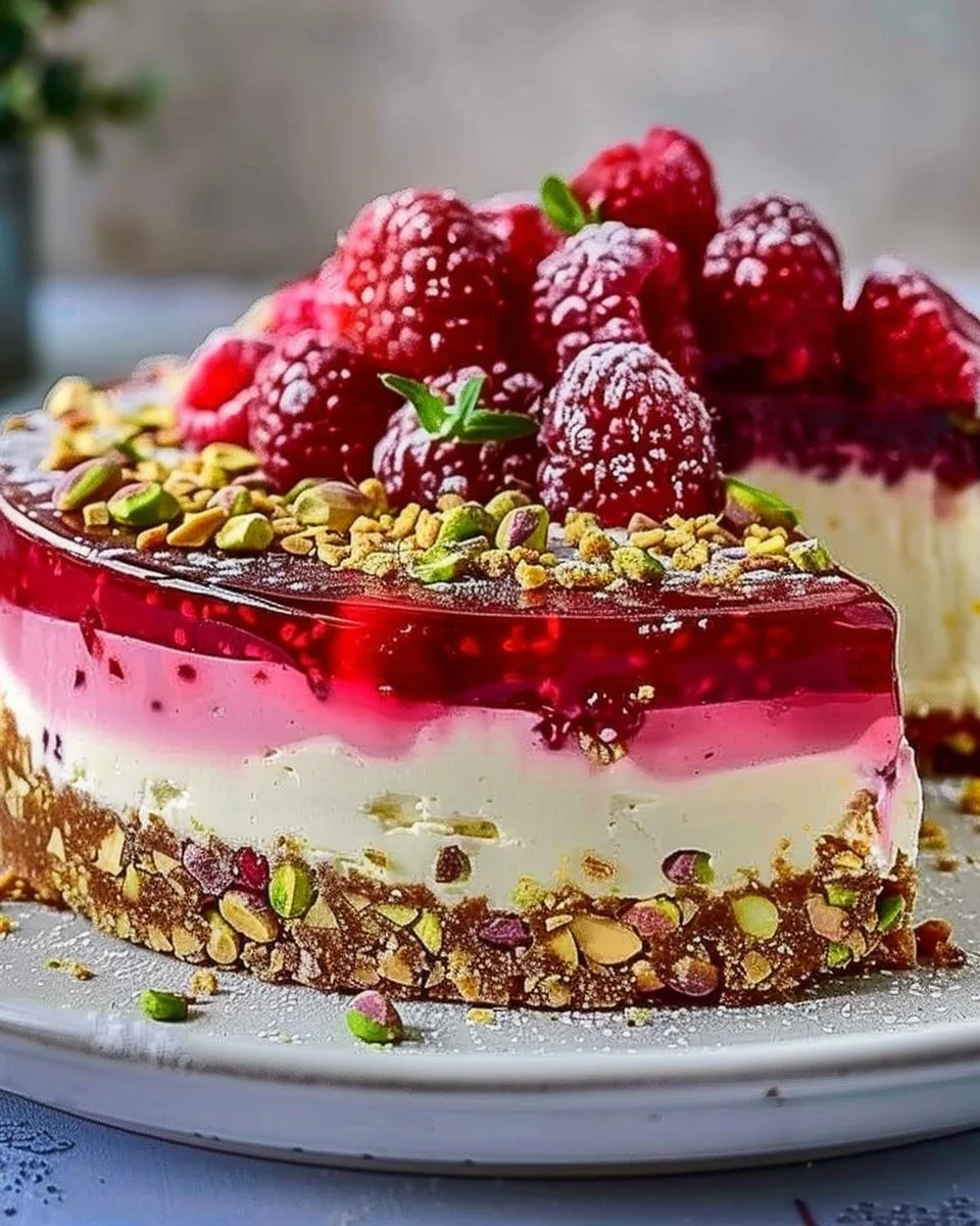 Pistachio Raspberry Crunch Cheesecake