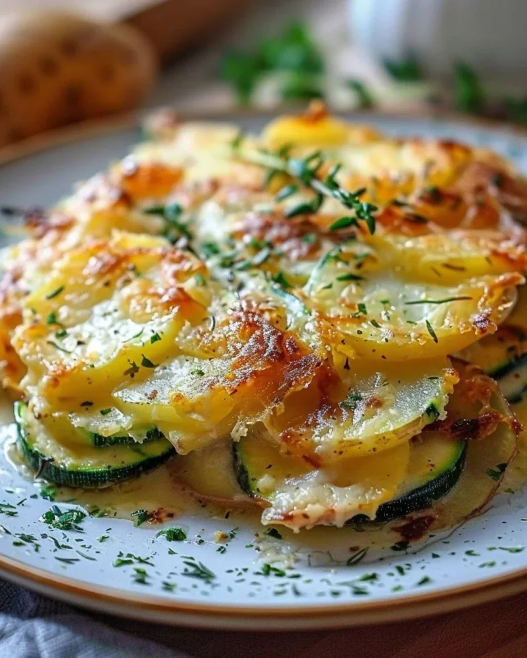 Delicious potato and zucchini gratin topped with melted cheese