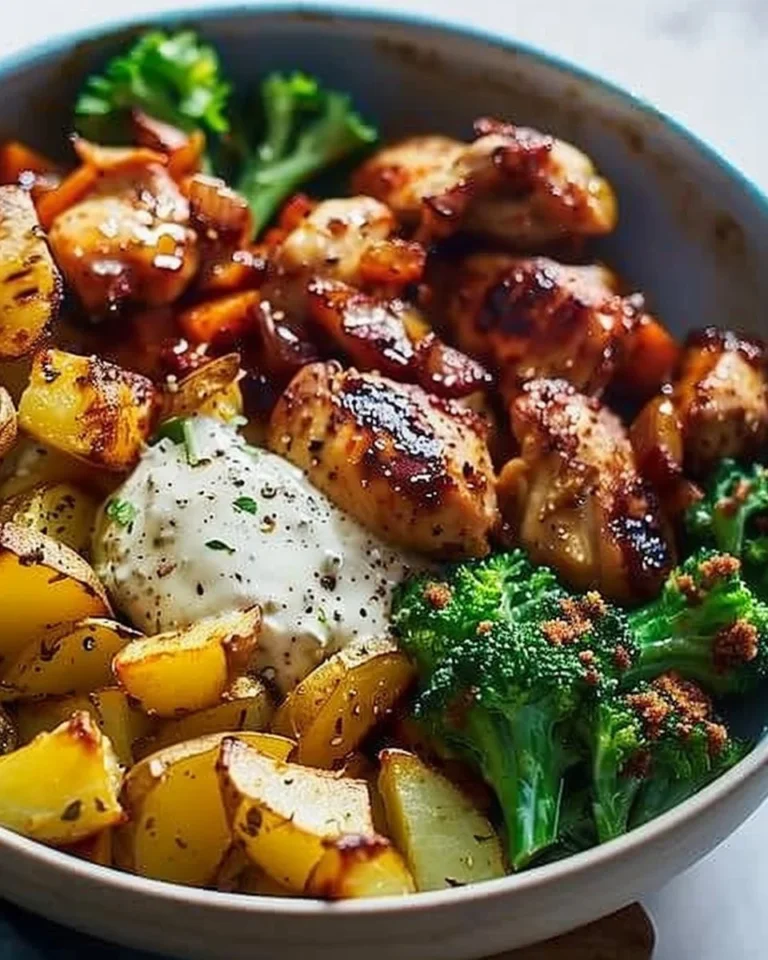 Skinny Chicken and Roasted Potato Bowl with fresh ingredients