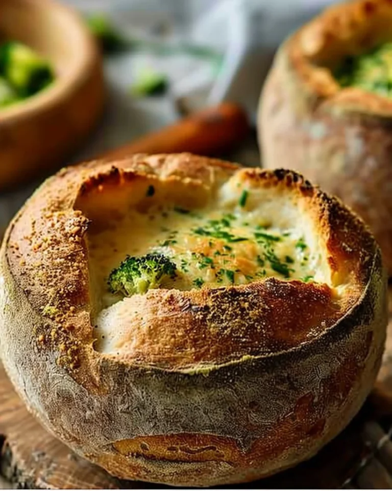 Homemade sourdough bread bowls filled with soup, showcasing crusty exterior and fluffy interior.